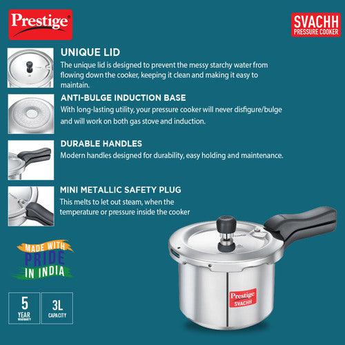 Prestige Svachh Aluminium Anti-Bulge Pressure Cooker – Gas & Induction Compatible