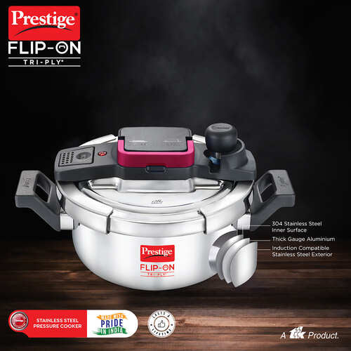 Prestige Flip-On Tri-Ply Pressure Cooker with Glass Lid