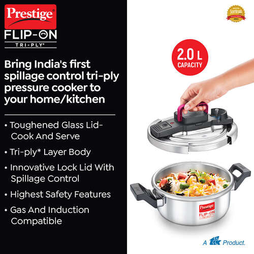Prestige Flip-On Tri-Ply Pressure Cooker with Glass Lid