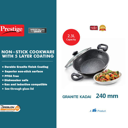 Prestige Omega Deluxe Granite Non-stick Kadai – PFOA Free Round Base Cookware with Durable Finish