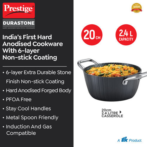 Prestige Durastone Hard Anodised 6 Layer Non-Stick Casserole with Glass Lid