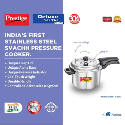 Prestige Deluxe Alpha Svachh Stainless Steel Pressure Cooker with Spillage Control Lid