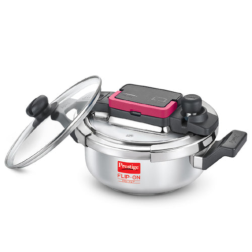 Prestige Flip-On Tri-Ply Pressure Cooker with Glass Lid