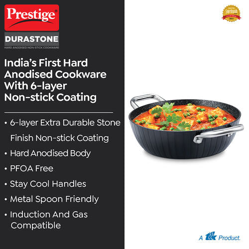 Prestige Durastone Hard Anodised 6 Layer Non-Stick Kadai with Glass Lid