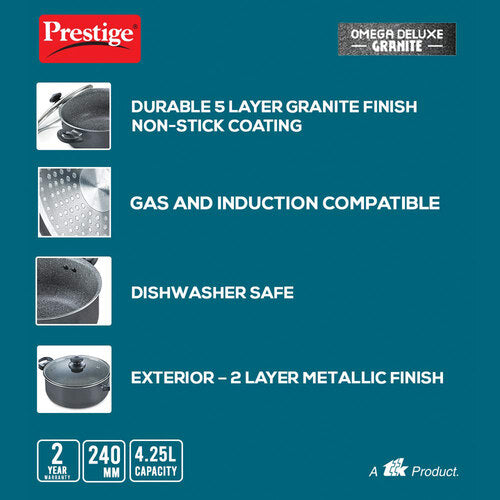 Prestige Omega Deluxe Granite Non-stick Sauce Pan with Glass Lid – PFOA Free Round Base Cookware