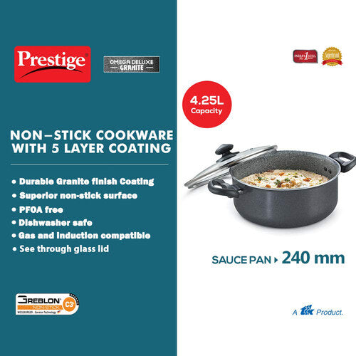 Prestige Omega Deluxe Granite Non-stick Sauce Pan with Glass Lid – PFOA Free Round Base Cookware
