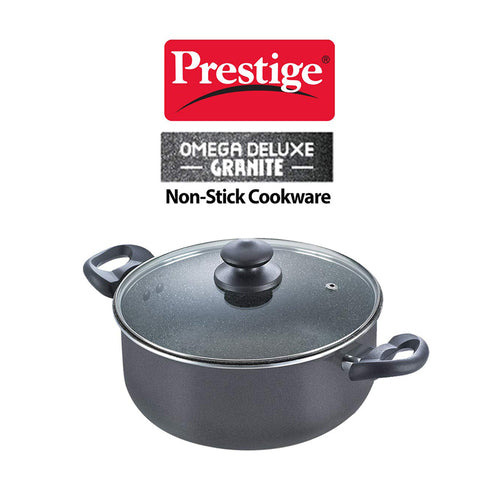 Prestige Omega Deluxe Granite Non-stick Sauce Pan with Glass Lid – PFOA Free Round Base Cookware