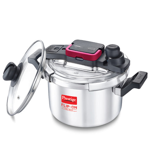Prestige Flip-On Tri-Ply Pressure Cooker with Glass Lid
