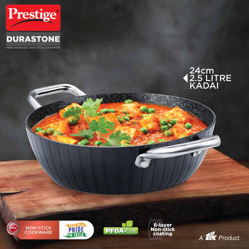 Prestige Durastone Hard Anodised 6 Layer Non-Stick Kadai with Glass Lid
