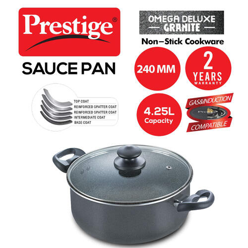 Prestige Omega Deluxe Granite Non-stick Sauce Pan with Glass Lid – PFOA Free Round Base Cookware