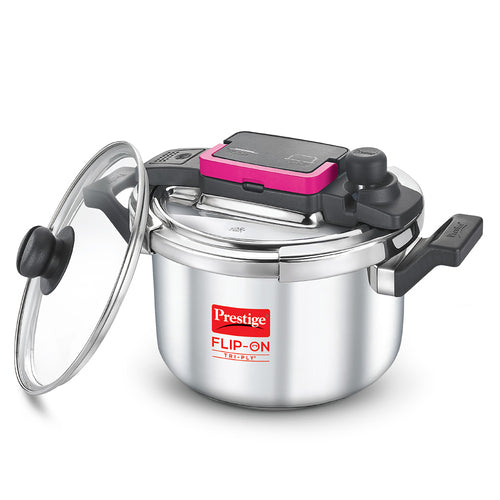 Prestige Flip-On Tri-Ply Pressure Cooker with Glass Lid