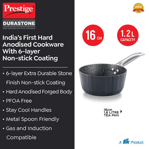 Prestige Durastone Hard Anodised 6 Layer Non-Stick Tea Pan with Glass Lid
