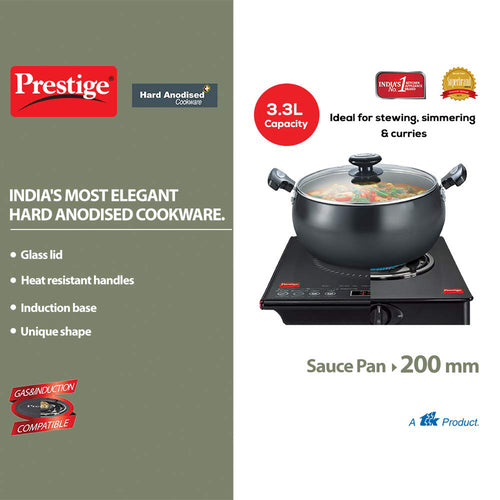 Prestige Hard Anodised Plus Sauce Pan with Glass Lid – Gas & Induction Compatible Cookware