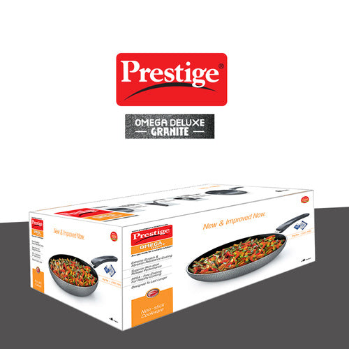 Prestige Omega Deluxe Granite Non-stick Fry Pan with Glass Lid – PFOA Free Round Base Cookware
