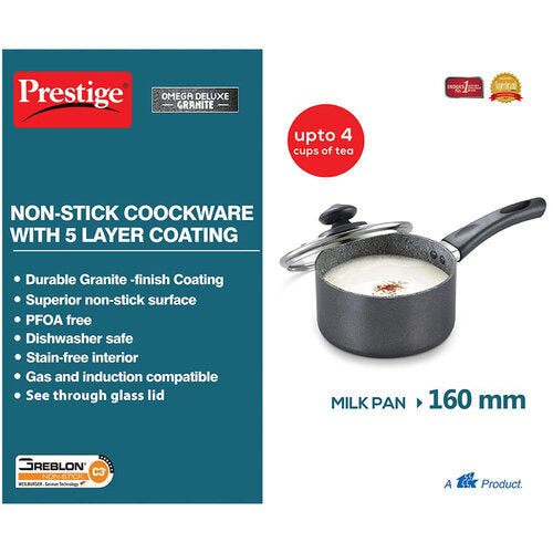 Prestige Omega Deluxe Granite Non-stick Milk Pan with Glass Lid – PFOA Free Round Base Cookware