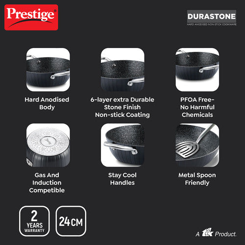 Prestige Durastone Hard Anodised 6 Layer Non-Stick Kadai with Glass Lid