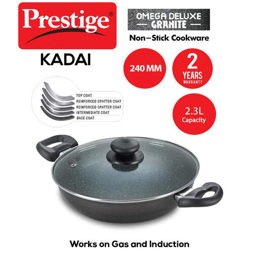 Prestige Omega Deluxe Granite Non-stick Kadai – PFOA Free Round Base Cookware with Durable Finish