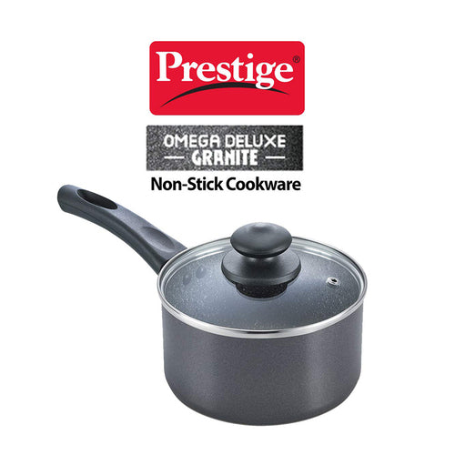 Prestige Omega Deluxe Granite Non-stick Milk Pan with Glass Lid – PFOA Free Round Base Cookware