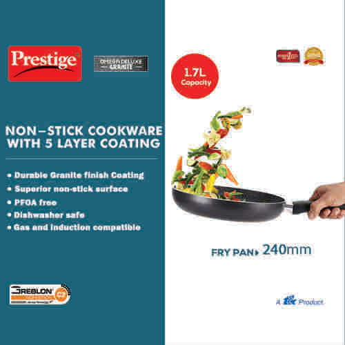 Prestige Omega Deluxe Granite Non-stick Fry Pan with Glass Lid – PFOA Free Round Base Cookware