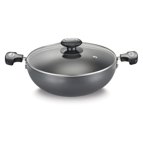 Prestige Hard Anodised Plus Kadai with Glass Lid – Gas & Induction Compatible Black Cookware