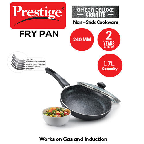 Prestige Omega Deluxe Granite Non-stick Fry Pan with Glass Lid – PFOA Free Round Base Cookware