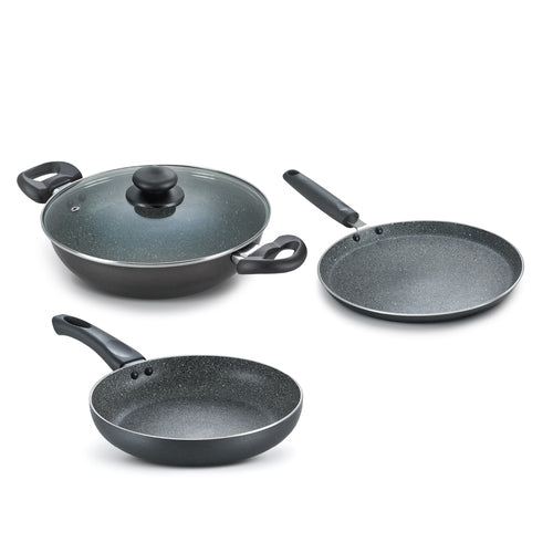 Prestige Omega Deluxe Granite Alpha 3 Piece BYK Non-Stick Cookware Set – PFOA Free Durable Cookware