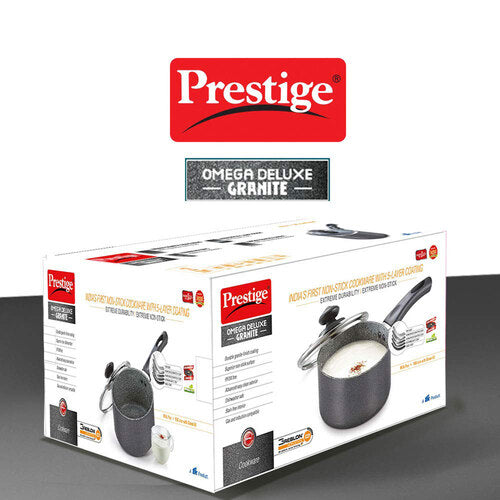 Prestige Omega Deluxe Granite Non-stick Milk Pan with Glass Lid – PFOA Free Round Base Cookware