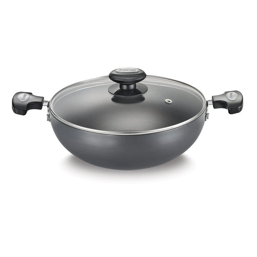 Prestige Hard Anodised Plus Kadai with Glass Lid – Gas & Induction Compatible Black Cookware