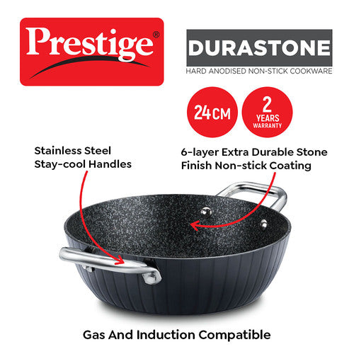 Prestige Durastone Hard Anodised 6 Layer Non-Stick Kadai with Glass Lid