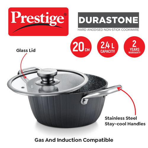 Prestige Durastone Hard Anodised 6 Layer Non-Stick Casserole with Glass Lid