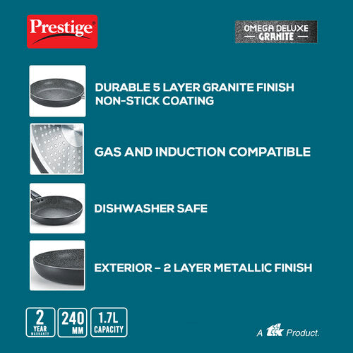 Prestige Omega Deluxe Granite Non-stick Fry Pan with Glass Lid – PFOA Free Round Base Cookware