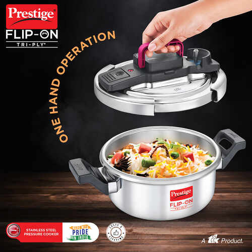 Prestige Flip-On Tri-Ply Pressure Cooker with Glass Lid