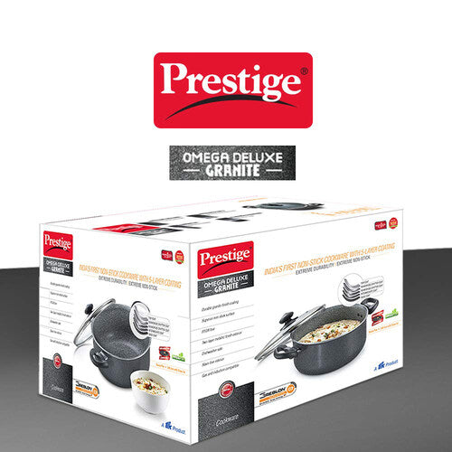Prestige Omega Deluxe Granite Non-stick Sauce Pan with Glass Lid – PFOA Free Round Base Cookware