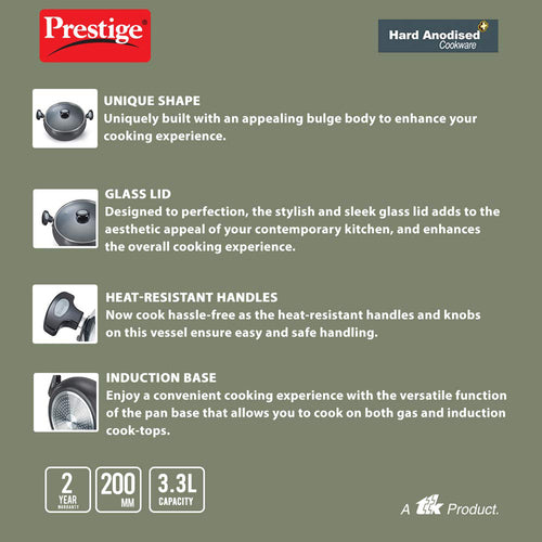 Prestige Hard Anodised Plus Sauce Pan with Glass Lid – Gas & Induction Compatible Cookware