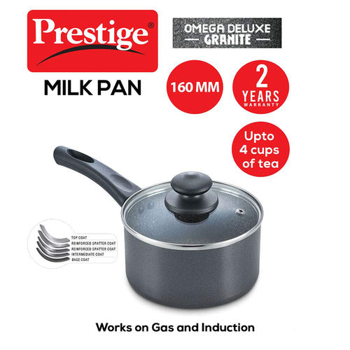 Prestige Omega Deluxe Granite Non-stick Milk Pan with Glass Lid – PFOA Free Round Base Cookware