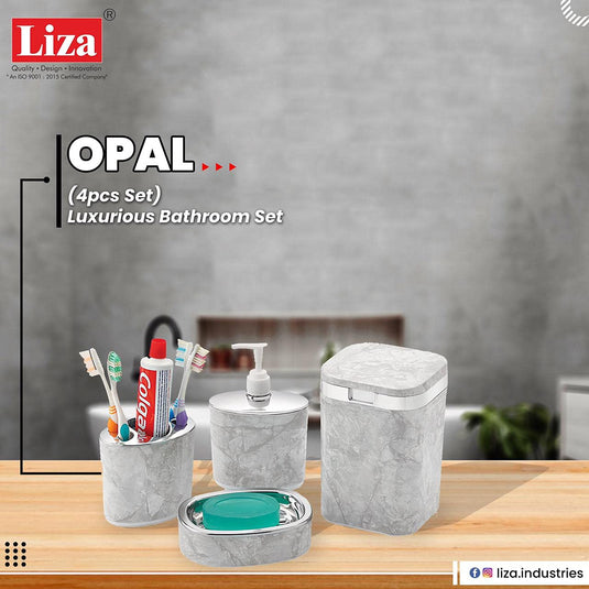 Liza Opal Premium 4-Piece Bathroom Accessories Set - Stylish and Functional Bathroom Organizer with Toothbrush Holder, Soap Dispenser, Tumbler, and Soap Dish for a Modern, Elegant Bathroom Look