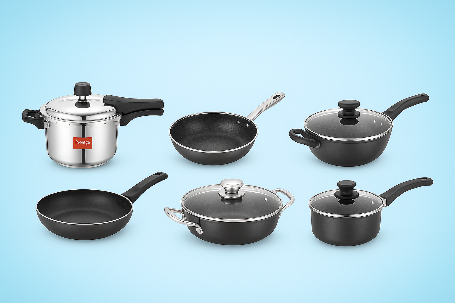 Set of cookware including pots, pans, and lids on a blue background