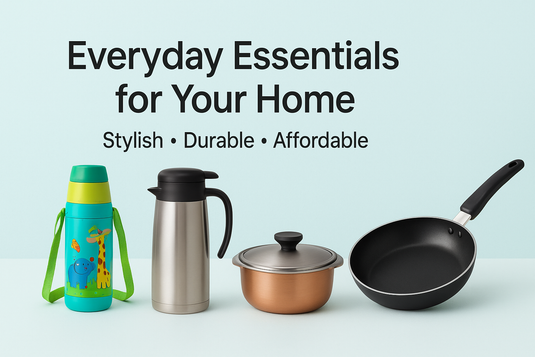 Set of everyday kitchen items including a thermos, pot, and frying pan with text 'Everyday Essentials for Your Home' on a light blue background.