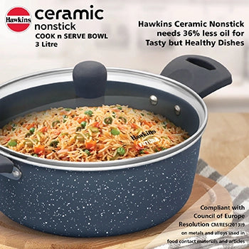 Hawkins Induction Compatible Ceramic Nonstick Cook n Serve Bowl 3 Litre with Glass Lid