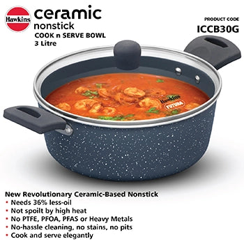 Hawkins Induction Compatible Ceramic Nonstick Cook n Serve Bowl 3 Litre with Glass Lid