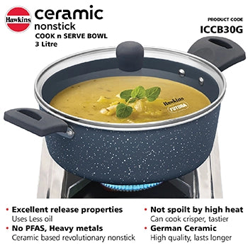 Hawkins Induction Compatible Ceramic Nonstick Cook n Serve Bowl 3 Litre with Glass Lid