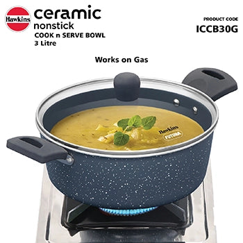 Hawkins Induction Compatible Ceramic Nonstick Cook n Serve Bowl 3 Litre with Glass Lid